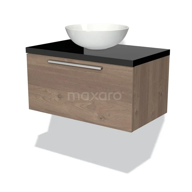 Modulo Plato Vanity units for countertop basin | 80 cm Mid brown oak Flat front High-gloss black worktop 1 drawer BMK11-01413