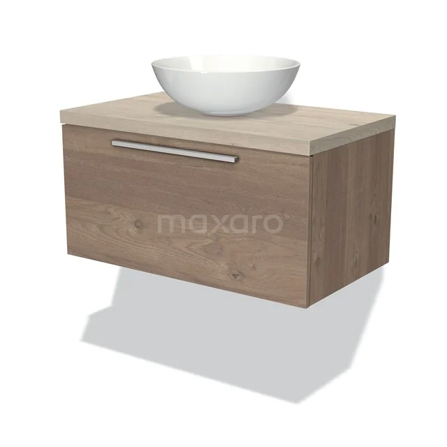 Modulo Plato Badmöbel mit Aufsatzwaschbecken | 80 cm Mittelbraune Eiche Flach front Hellgraue Eiche blatt 1 Schublade BMK11-01417 Holz Badezimmermöbel mit Schublade, beige Holzoptik, keramisches Aufsatzwaschbecken, modernes Design. Perfekt für stilvolle Badezimmergestaltung.