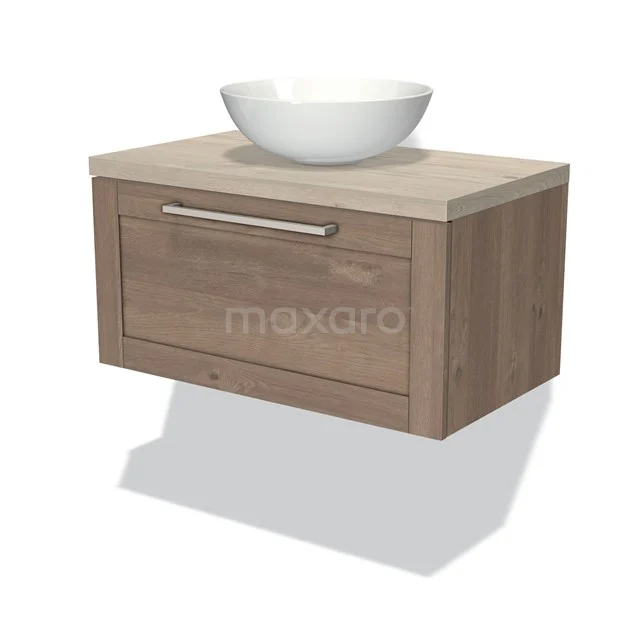 Hängendes Badezimmermöbel aus Holz mit Schublade, helle Holzfarbe, integriertes weißes Aufsatzwaschbecken, stilvoll und kompakt für ein modernes Badezimmer.