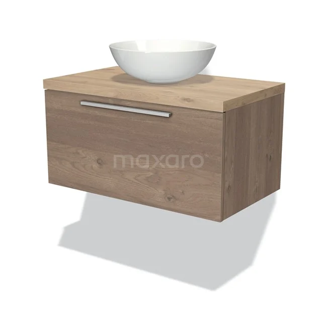 Holz Badezimmermöbel mit Schublade und weißem Aufsatzwaschbecken, modernes Design, Eiche-Look, ideal für eine stilvolle Badezimmerinrichtung.