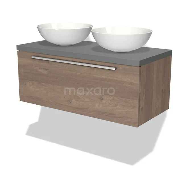 Badmöbel für Waschtischunterschrank mit Konsole 100cm Modulo Plato Mittelbraune Eiche 1 Schublade Flach Mittelgrau Platte BMK11-01431 Hölzernes Badezimmermöbel mit zwei runden weißen Aufsatzwaschbecken, grauer Platte und einem schlichten metallenen Haltegriff.