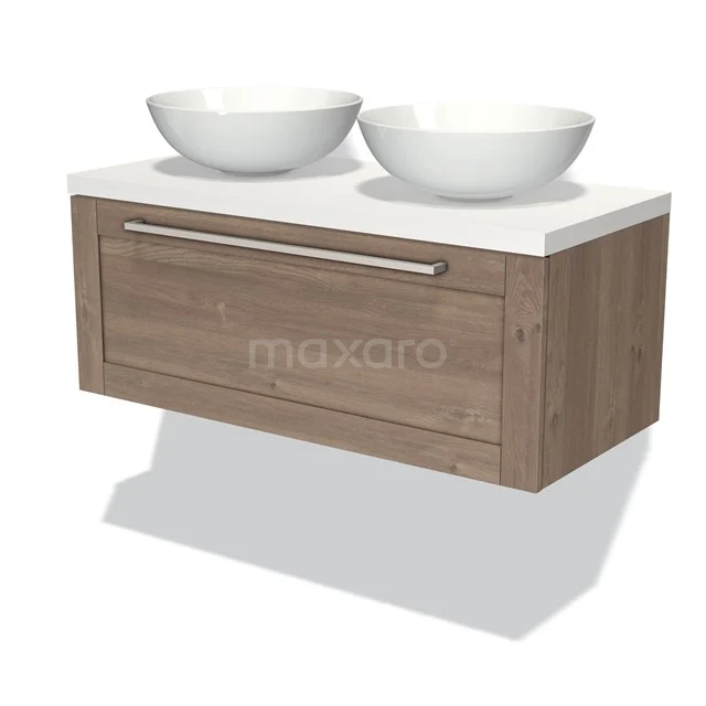 Wooden bathroom unit with chest of drawers, double white ceramic wash basins and modern design for stylish bathroom design.