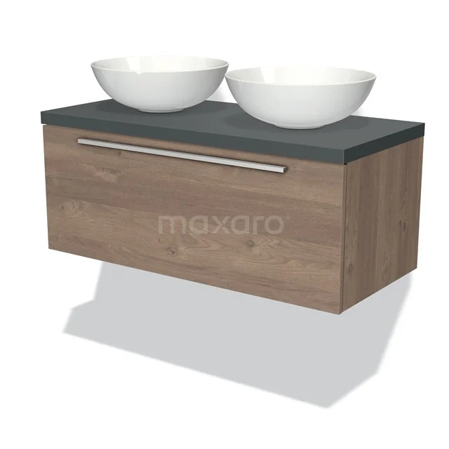 Modulo Plato Badmöbel mit Aufsatzwaschbecken | 100 cm Mittelbraune Eiche Flach front Dunkelgrau blatt 1 Schublade BMK11-01437 Holz Badmöbel mit zwei weißen Aufsatzwaschbecken, Dunkelgrau Platte, modernes Design, geeignet für stilvolle Bäder.