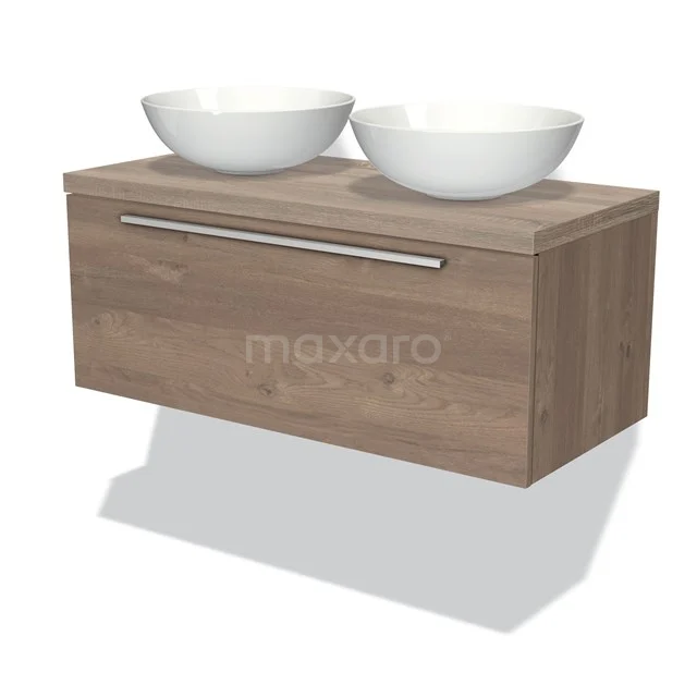 Holz-Badmöbel mit zwei weißen Aufsatzwaschbecken, moderne Riva-Serie, perfekt für ein stilvolles und funktionales Badezimmer.