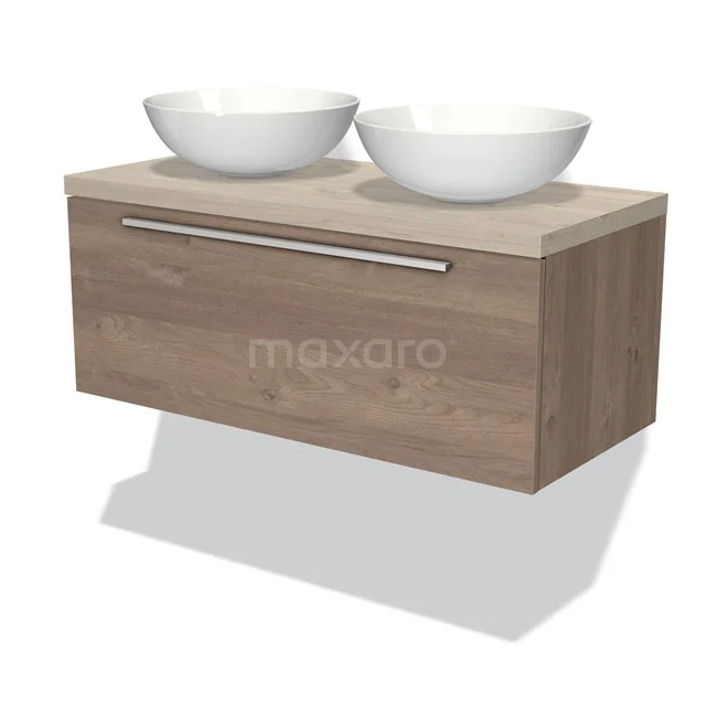 Hölzernes Badezimmermöbel mit doppelten Keramik Aufsatzwaschbecken, schwebendem Design und Schublade mit metallischem Haltegriff aus der Naturel-Serie.