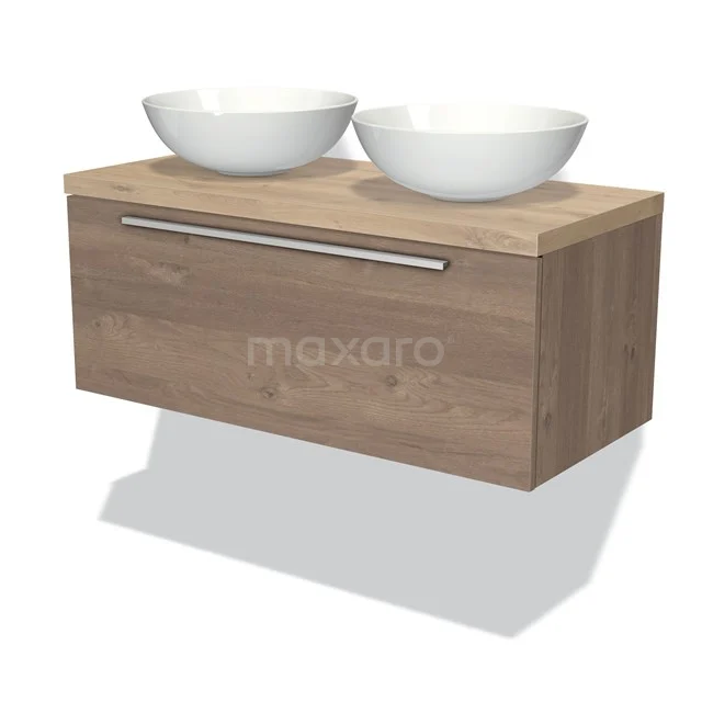 Holz Badezimmermöbel mit zwei weißen Aufsatzwaschbecken, modernes Design, ausgestattet mit einem schlichten metallischen Haltegriff.