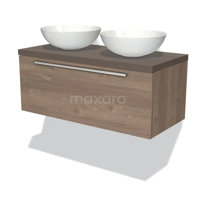 Holz-Badmöbel mit zwei weißen ovalen Aufsatzwaschbecken, modernem Schublade und rostfreiem Griff, ideal für stilvolle Bäder.