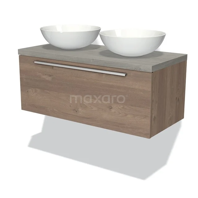 Hölzernes Badezimmermöbel mit Betonlook Platte, doppelten weißen Aufsatzwaschbecken und metallischem Haltegriff, modernes und funktionales Design.