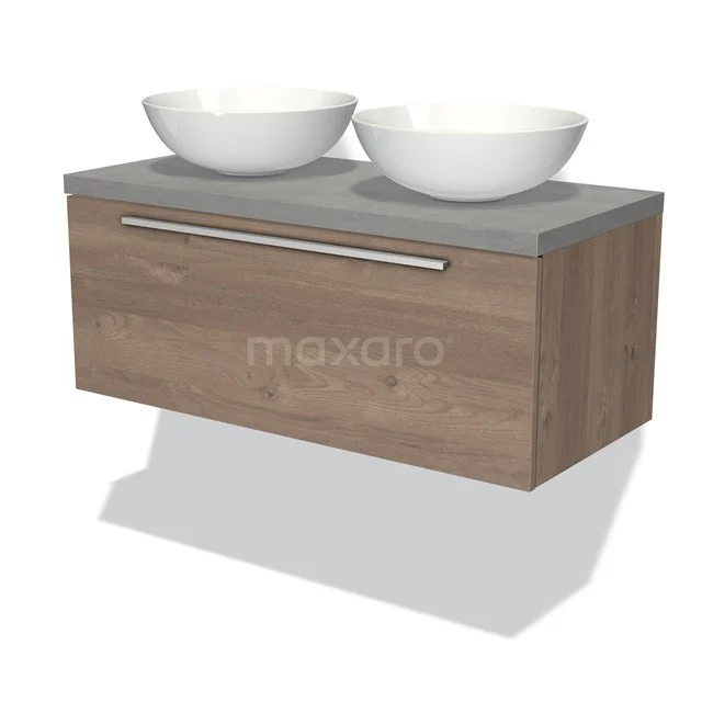 Hölzernes Badezimmermöbel mit doppeltem Aufsatzwaschbecken, grauer Platte und Edelstahl Haltegriff, modernes Design für stilvolle Badezimmer.