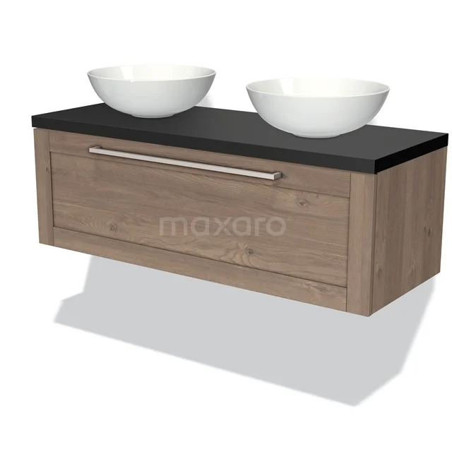 Modulo Plato Vanity units for countertop basin | 120 cm Mid brown oak Frame front Matte black worktop 1 drawer BMK11-01456 Wooden bathroom unit with double white basin worktop, black finish and drawers, ideal for a modern bathroom style.