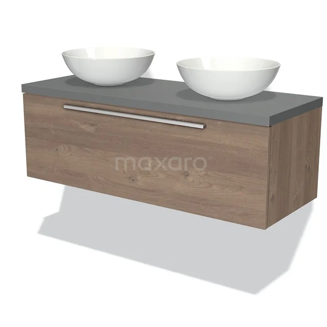 Modulo Plato Vanity units for countertop basin | 120 cm Mid brown oak Flat front Mid grey worktop 1 drawer BMK11-01457 Wooden bathroom unit with grey worktop, two white round vanity units for countertop wash basins and a sleek metal Handle for a modern bathroom style.