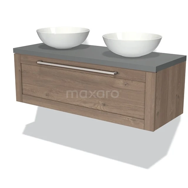 Wooden bathroom unit with grey worktop, two white ceramic drawers and one drawer, suitable for modern bathrooms.