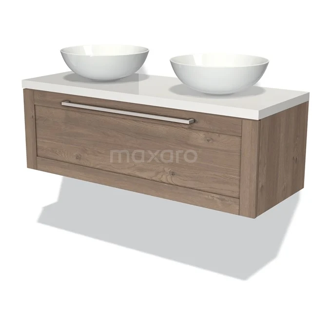 Holz Badezimmermöbel mit zwei weißen Aufsatzwaschbecken und modernem Schublade, ideal für eine stilvolle Badezimmer Einrichtung.