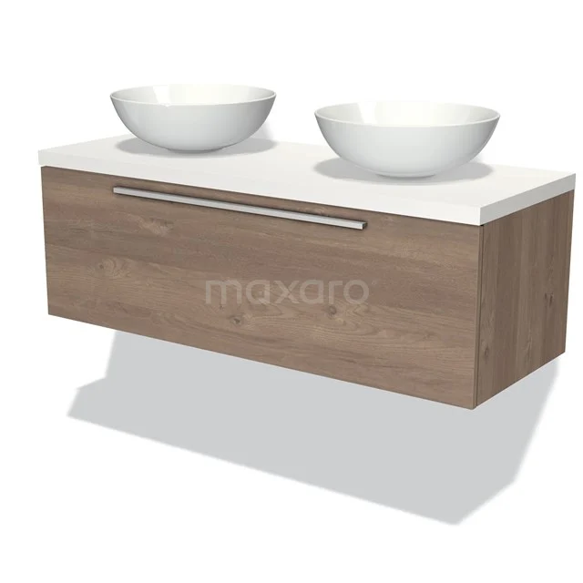 Wooden bathroom unit with chest of drawers, double white countertop wash basins and chrome handles, perfect for modern bathroom design.