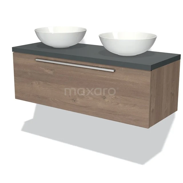 Vanity unit wood-look with grey worktop, double white countertop wash basins; ideal for modern bathroom style.