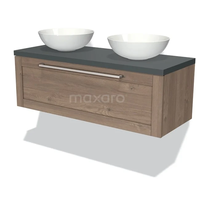 Wooden bathroom unit with two white countertop wash basins, dark grey worktop and drawers, ideal for a modern and natural bathroom style.