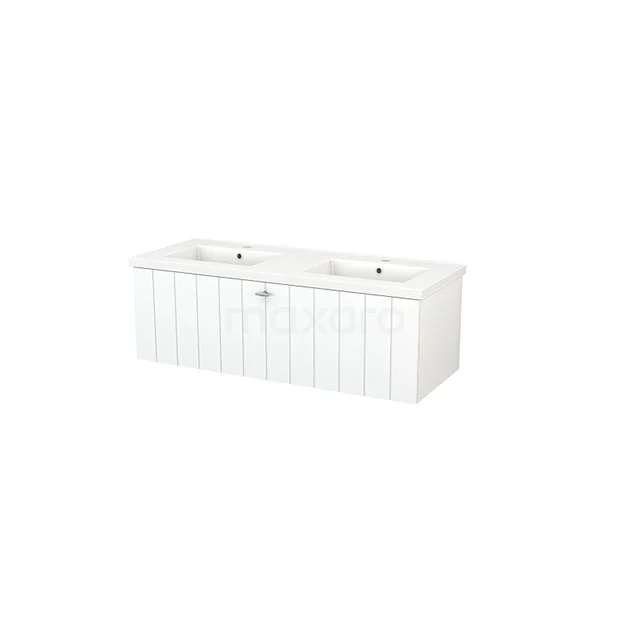 White double vanity unit with sliding panels, classic design, ideal for stylish bathroom storage.