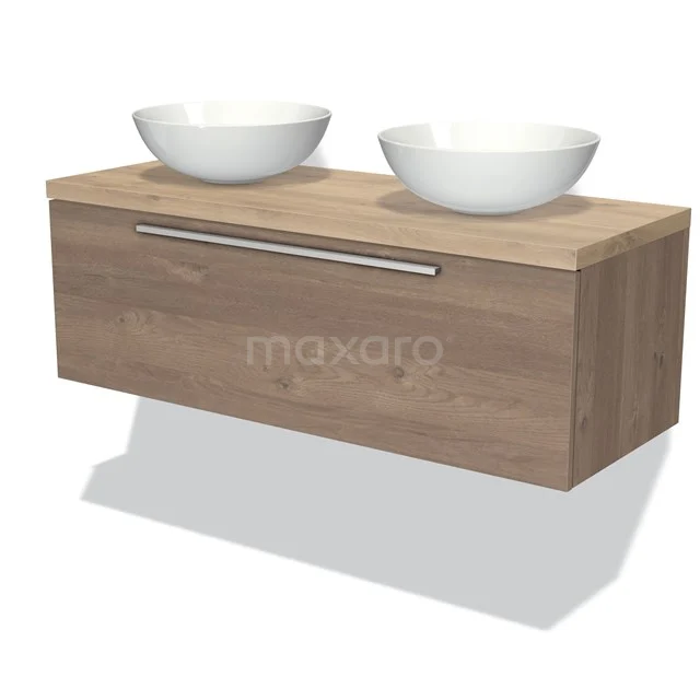 Natural-look wooden Bathroom unit with double basin design and modern metal Handle, perfect for stylish bathrooms.