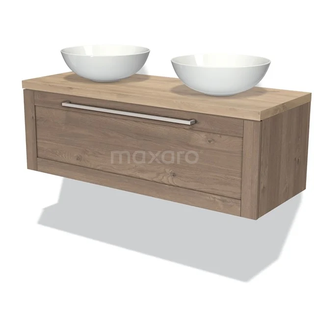 Holz Badezimmermöbel mit heller Eiche Oberflächenbehandlung und zwei weißen Aufsatzwaschbecken, ideal für eine moderne Badezimmergestaltung.