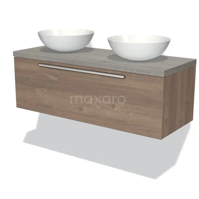 Wooden bathroom unit with light wood grain, two white countertop wash basins and a grey concrete worktop, modern design.