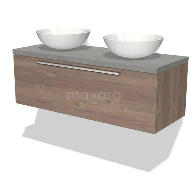 Hölzernes Badezimmermöbel mit grauer Platte, zwei weißen Aufsatzwaschbecken und einem metallenen Haltegriff, modernes und stilvolles Design.