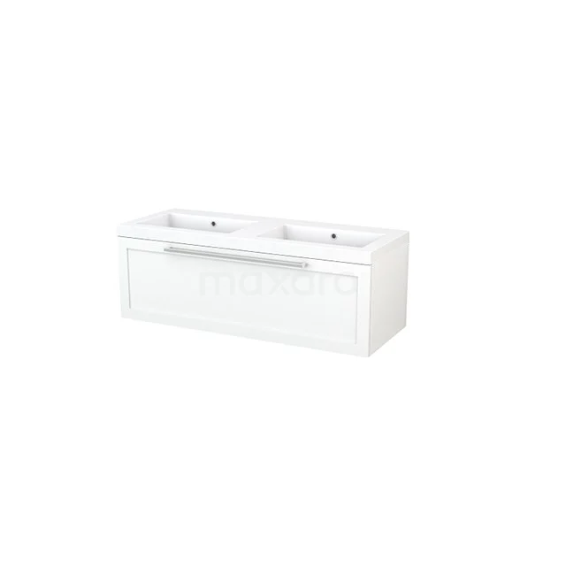 White double vanity unit with sleek design, suitable for modern bathrooms; minimalist style with soft-close drawers.
