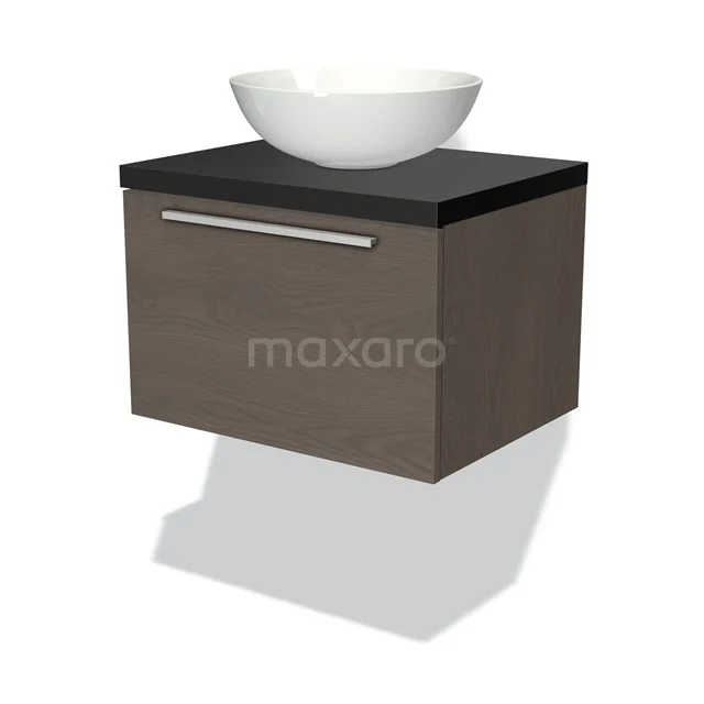 Hängendes Badezimmermöbel Holzoptik mit schwarzer Waschtischplatte und keramischem Aufsatzwaschbecken, kompaktes Design geeignet für moderne Bäder.