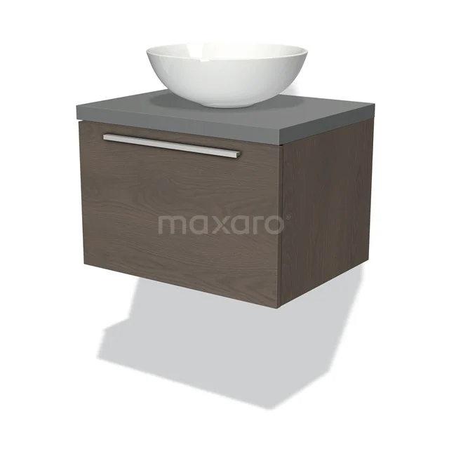 Zwevend Badmöbel, Holzoptik mit grauem Waschbecken und runder weißer Aufsatzschale, modernes Design und metallischem Haltegriff.