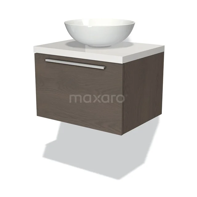 Modulo Plato Vanity units for countertop basin | 60 cm Dark brown oak Flat front High-gloss white worktop 1 drawer BMK11-01485