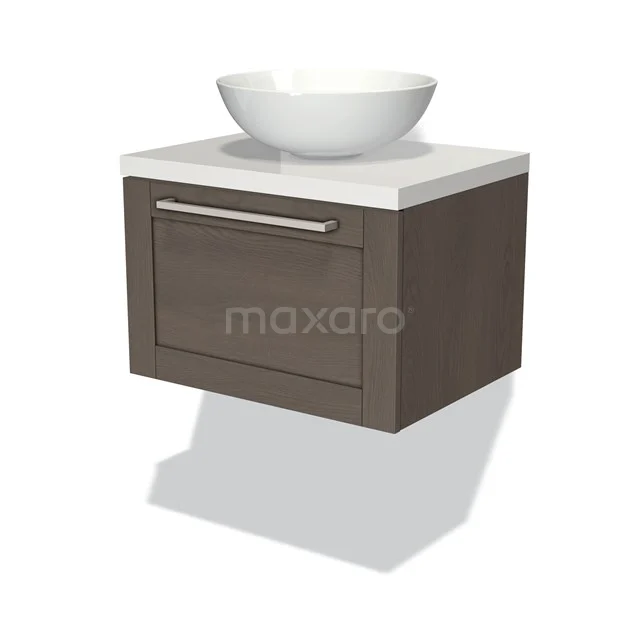 Modulo Plato Vanity units for countertop basin | 60 cm Dark brown oak Frame front High-gloss white worktop 1 drawer BMK11-01486 Wooden bathroom unit with drawer, modern vanity units with basin and white worktop; compact design for stylish storage space in the bathroom.