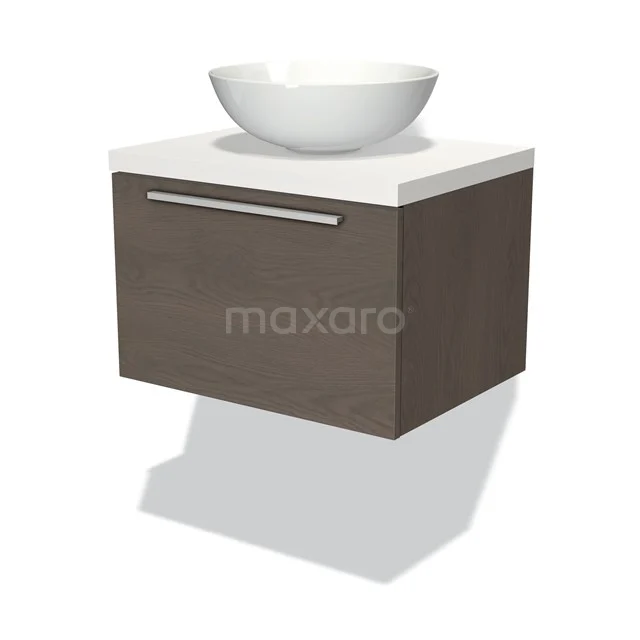 Badmöbel für Waschtischunterschrank mit Konsole 60cm Modulo Plato dunkelbraune Eiche 1 Schublade flach Matt Weiß Platte BMK11-01487 Holz schwebendes Badezimmermöbel mit weißem Aufsatzwaschbecken, ein elegantes, modernes Aussehen und einem metallenen Haltegriff.