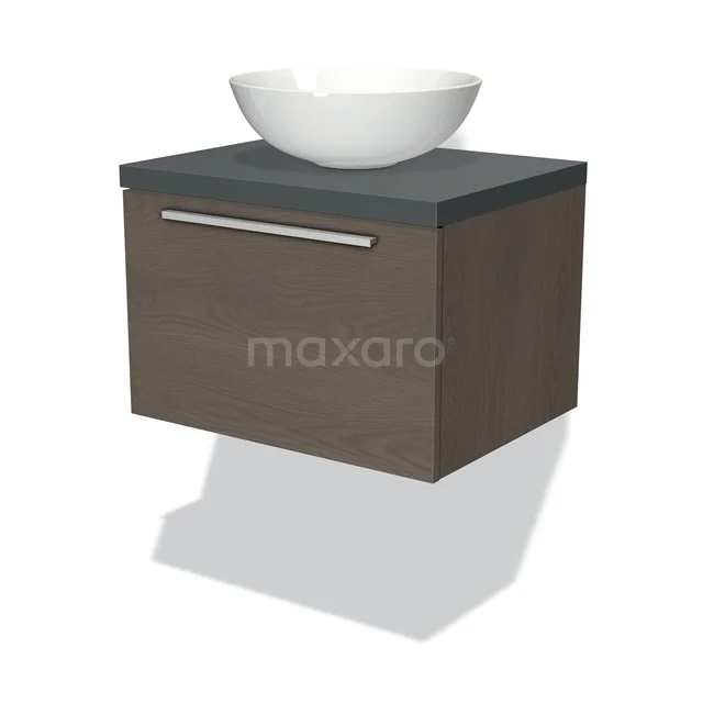 Zweites Badmöbel aus Eichenholz mit Schublade, Dunkelgrau Platte und weißem Aufsatzwaschbecken, modernes und kompaktes Design.