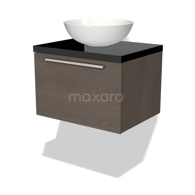 Badmöbel für Waschtischunterschrank mit Konsole 60cm Modulo Plato dunkelbraune Eiche 1 Schublade flach Hochglanz Schwarz Platte BMK11-01491 Moderne Holz-Waschtisch mit glänzender schwarzer Platte und weißem Aufsatzwaschbecken, perfekt für ein stilvolles Badezimmer.