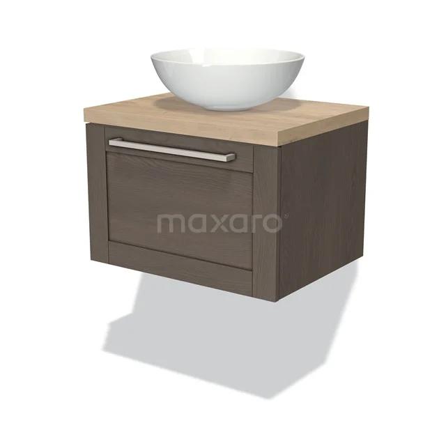 Modulo Plato Badmöbel mit Aufsatzwaschbecken | 60 cm Dunkelbraune Eiche Rahmen front Hellbraune Eiche blatt 1 Schublade BMK11-01498 Holz Badezimmermöbel mit Schublade, helle Eiche Platte und weißem Aufsatzwaschbecken, ideal für eine moderne und stilvolle Badezimmergestaltung.