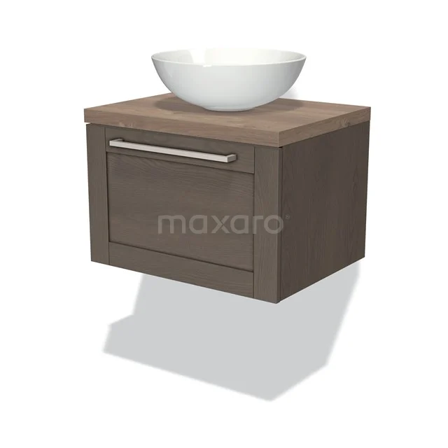 Modulo Plato Vanity units for countertop basin | 60 cm Dark brown oak Frame front Mid brown oak worktop 1 drawer BMK11-01500 Wall-mounted vanity units with basin, wood-look finish and round white basin, modern design.