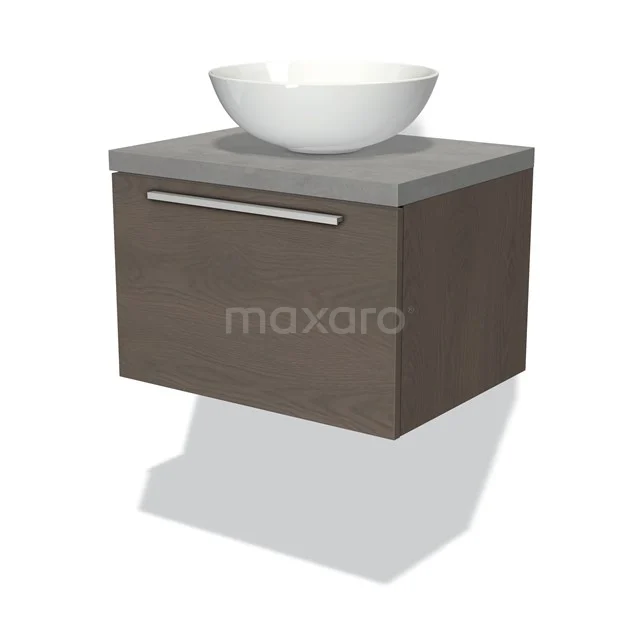 Wandhängendes Badezimmermöbel Holzoptik mit grauer Platte und weißem Becken, modernes Design mit Edelstahl-Haltegriff.