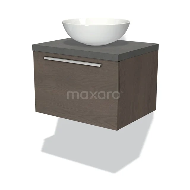 Badmöbel für Waschtischunterschrank mit Konsole 60cm Modulo Plato Dunkelbraune Eiche 1 Schublade Flach Dunkelgrauer Beton Platte BMK11-01505 Wandmontiertes Badmöbel in Holzoptik mit grauer Oberplatte, weißem Aufsatzwaschbecken und modernem Haltegriff.