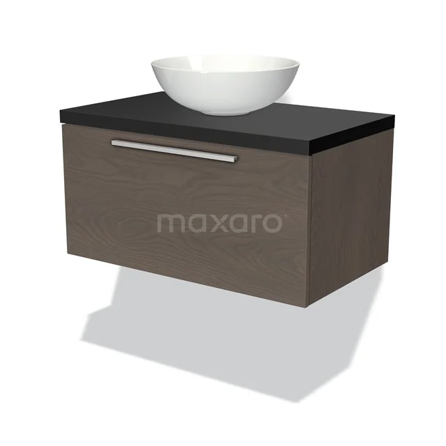 Hängendes Badezimmermöbel aus Holz mit schwarzer Platte und weißem schalenförmigen Waschbecken; modernes Design, ideal für Badezimmerlagerung.