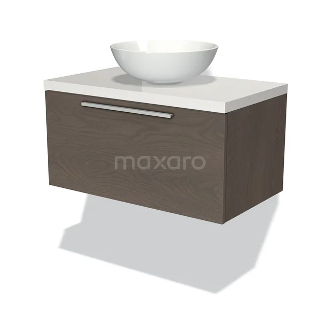 Holz Badezimmermöbel mit weißem Aufsatzwaschbecken, wandhängendes Design, schicker metallischer Haltegriff und moderne Ausstrahlung.