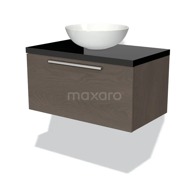 Hölzernes Badezimmermöbel mit schwebendem Design, schwarzer Platte und einem weißen rundes Waschbecken; stilvoll und praktisch für moderne Bäder.