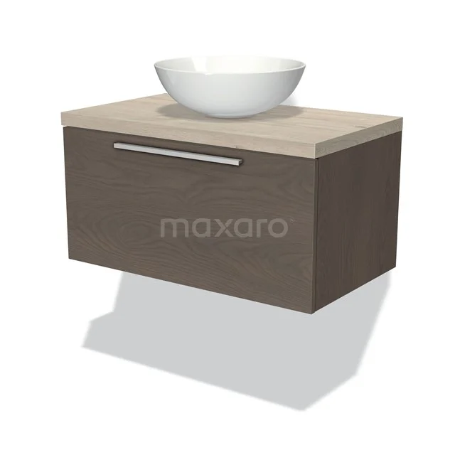 Waschtisch Holzoptik mit Schublade und Metallgriff, einschließlich runder weißer Aufsatzwaschbecken, kompaktes Design für moderne Bäder.