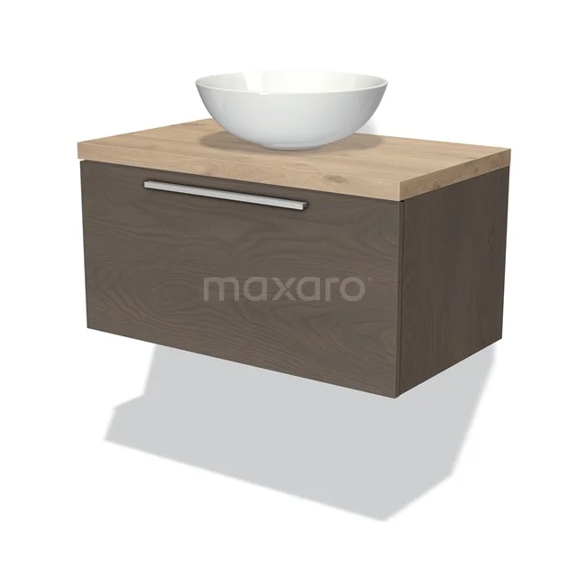 Badmöbel für Waschtischunterschrank mit Konsole 80cm Modulo Plato Dunkelbraune Eiche 1 Schublade Flach Hellbraune Eiche Platte BMK11-01523 Hängendes Badezimmermöbel aus Holz mit weißem Aufsatzwaschbecken, Schublade und metallischem Haltegriff; praktisches und stilvolles Design für moderne Bäder.