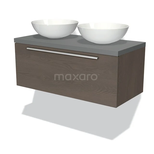 Modulo Plato Badmöbel mit Aufsatzwaschbecken | 100 cm Dunkelbraune Eiche Flach front Mittelgrau blatt 1 Schublade BMK11-01535 Moderne Badmöbel mit dunkelholzfarbener Oberfläche, zwei weißen Aufsatzwaschbecken und grauer Platte für ein stilvolles Badezimmer.