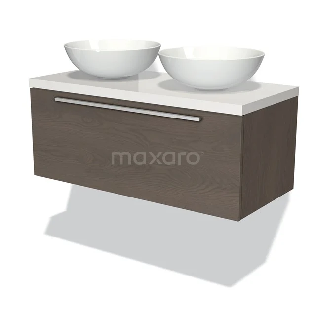 Badmöbel für Waschtischunterschrank mit Konsole 100cm Modulo Plato dunkelbraune Eiche 1 Schublade Flach Hochglanz Weiß Platte BMK11-01537 Hölzernes Waschtisch mit doppelten weißen Aufsatzwaschbecken, modernes Design, ideal für luxuriöse Badezimmergestaltung.