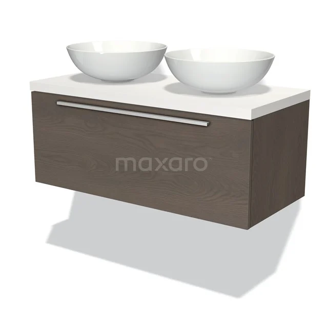 Badmöbel für Waschtischunterschrank mit Konsole 100cm Modulo Plato dunkelbraune Eiche 1 Schublade Flach Matt Weiß Platte BMK11-01539 Holz Badezimmermöbel mit doppeltem weißen Aufsatzwaschbecken, minimalistisches Wandmodell mit klarer Verarbeitung.