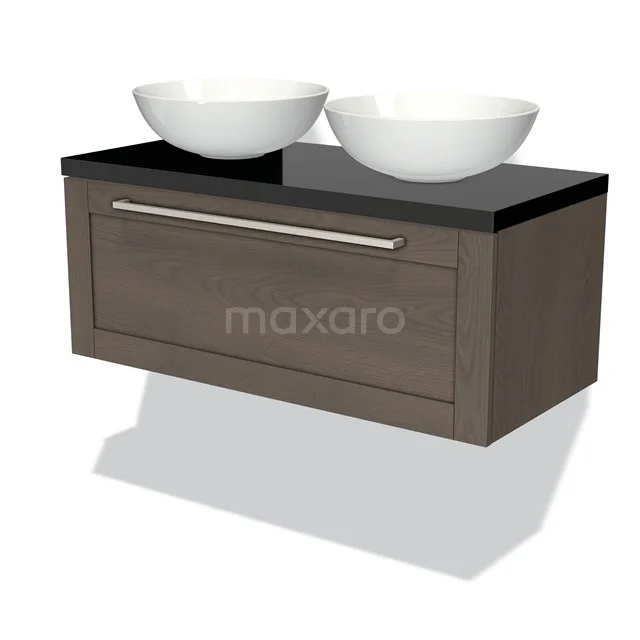 Wooden Bathroom unit with black top, two white vanity units for countertop wash basins, and silver handle, sleek design for modern bathrooms.