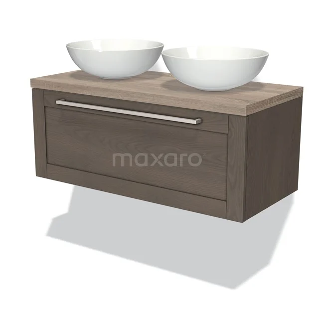 Wooden bathroom unit with two white ceramic drawers and a modern drawer, ideal for stylish bathroom storage.