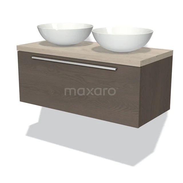 Modulo Plato Vanity units for countertop basin | 100 cm Dark brown oak Flat front Light grey oak worktop 1 drawer BMK11-01547