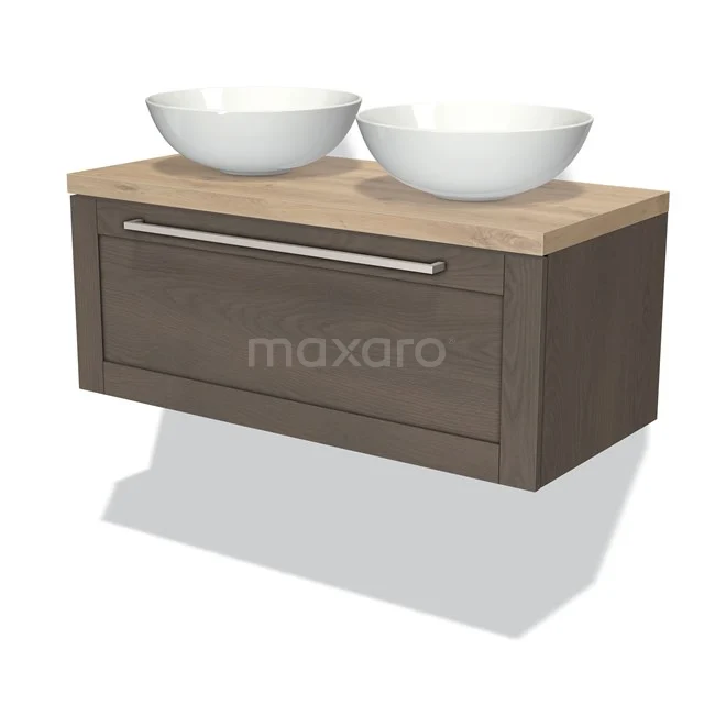 Wooden bathroom unit with two white ceramic countertop wash basins, hanging design, modern look, ideal for stylish bathrooms.