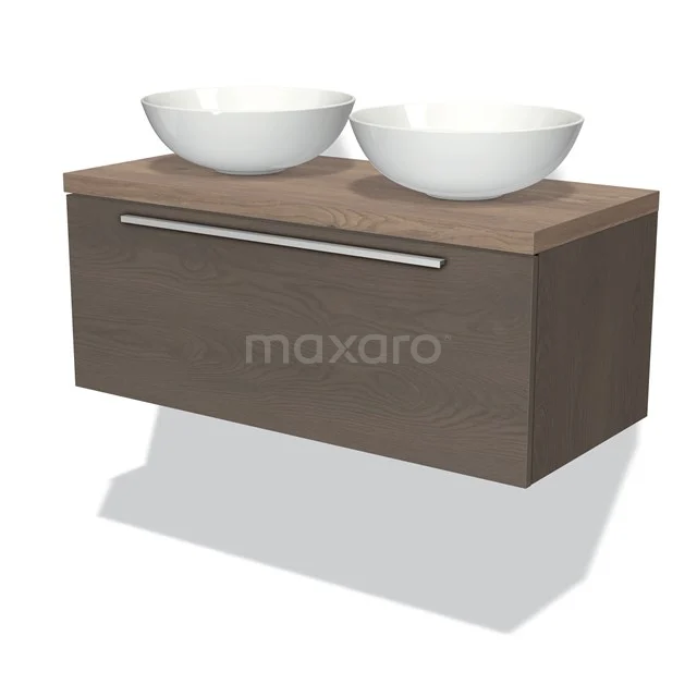 Badmöbel für Waschtischunterschrank mit Konsole 100cm Modulo Plato Dunkelbraune Eiche 1 Schublade Flach Mittelbraune Eiche Platte BMK11-01551 Hölzernes Badezimmermöbel mit zwei weißen Schalen, modernes Design, Wandmontage und schmalem Metallhaltegriff.